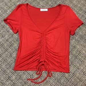 Gaze Red Ruched Drawstring Front V-neck Short Sleeve Crop Top * Size Small